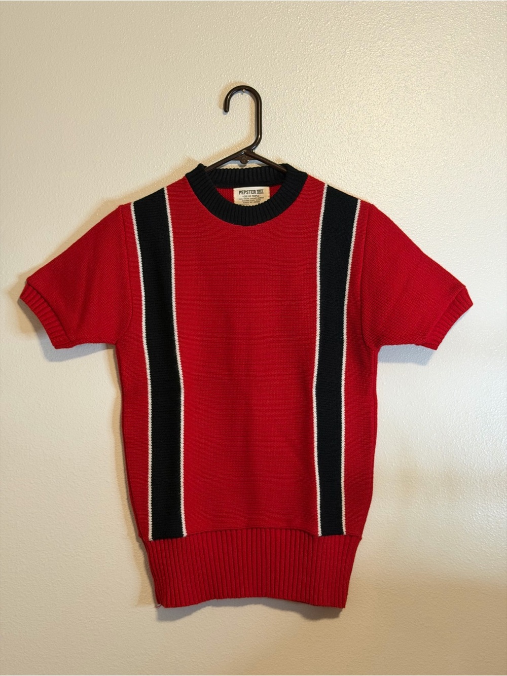 Pepster Red Short-Sleeve Crew Sweater with Black Vertical Stripes
